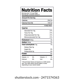 Nutrition Facts information label for box. Daily value ingredient calories, cholesterol and fats in grams and percent. Flat design, vector illustration on background.