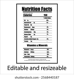 Nutrition Facts information label for box. Daily value ingredient calories, cholesterol and fats in grams and percent. Flat design, vector illustration on background