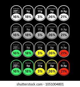 Nutrition Facts Information Label Template For Daily Food Diet Package Drinks And Food. Written In Spanish. Isolated Vector Illustration.