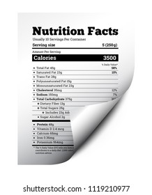 Nutrition facts label design with page curl. Vector