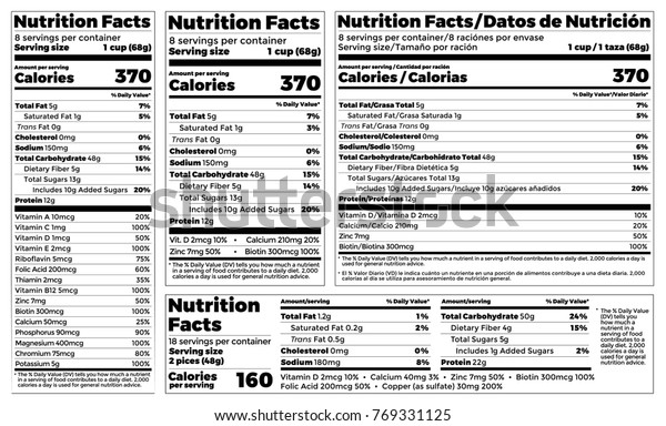 Nutrition Facts Label design template for food\
content. Vector serving, fats and diet calories list for fitness\
healthy dietary supplement, protein sport nutrition facts American\
standard guideline