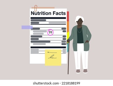 Nutrition facts label explained with notes and bookmarks, a senior character standing next to it, healthy eating and modern lifestyle