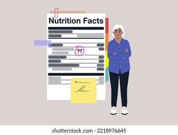 Nutrition facts label explained with notes and bookmarks, a senior character standing next to it, healthy eating and modern lifestyle