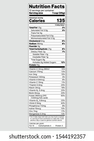 Nutrition facts label. Food information with daily value. Vector. Package template design. Data table ingredients calorie fat sugar cholesterol. Vertical display with voluntary nutrients. Illustration