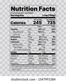 Nutrition facts label. Food information with daily value. Vector illustration. Data table ingredient calorie, fat, sugar, cholesterol. Dual Column Display per serving, per container. Packaging layout 