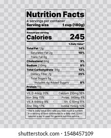 Nutrition facts label. Food information with daily value. Vector. Data table ingredients calorie, fat, sugar, cholesterol. Vertical Display with Micronutrients Listed Side-by-Side. Packaging template.