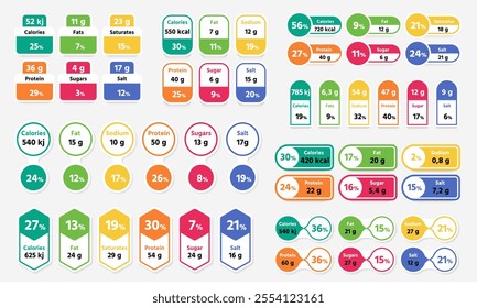 Nutrition facts label. Food table with daily energy value, health diet information for cereals, snacks, drinks and desserts. Vector cartoon set.