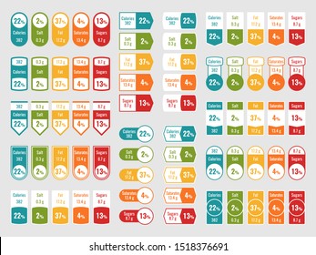 Nutrition facts label. Food value vitamin info, product mineral ingredients. Packaging badges vector diet calorie table information symbols set