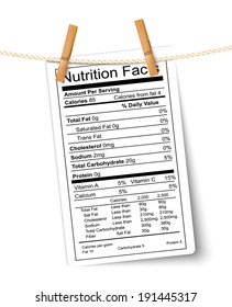 Nutrition Facts Label Hanging On A Rope. Vector.