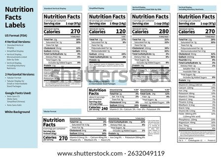 Nutrition facts label. Printable vector templates. US FDA Standard. Vertical, horizontal layout. Calories information table. Best for food packaging, product mockups, nutrition-related design 