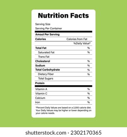 Nutrition facts label template is for content vitamins, calories, fats, protein in food. American standard guideline. Vector illustration