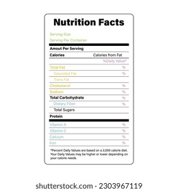 Nutrition facts label template is for content vitamins, calories, fats, protein in food. American standard guideline. Vector illustration