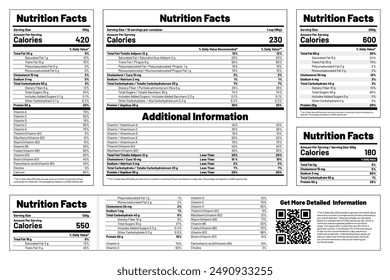 Nutrition Facts label template for food and beverages, showing daily values of calories, fat, carbohydrates, sugar, and vitamins. Nutrition Facts information for packaging. Vector illustration