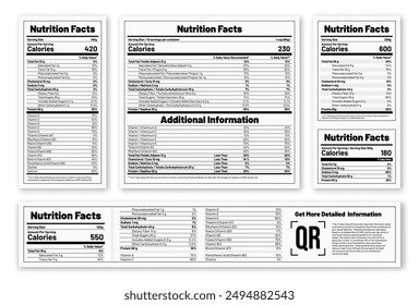 Plantilla para alimentos y bebidas, que muestra los valores diarios de calorías, grasas, carbohidratos, azúcar y vitaminas. Información nutricional para el embalaje. Ilustración vectorial