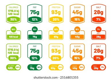 Modelo de rótulo de Informações Nutricionais para alimentos e bebidas, mostrando valores diários de calorias, gordura, proteína, açúcar e sal. Informações nutricionais etiqueta para embalagem. Vetor