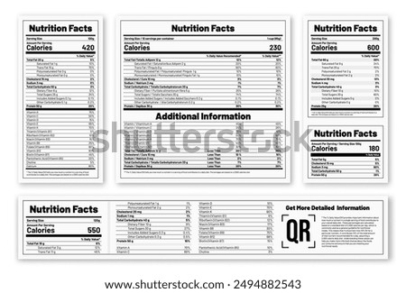 Nutrition Facts label template for food and beverages, showing daily values of calories, fat, carbohydrates, sugar, and vitamins. Nutrition Facts information for packaging. Vector illustration