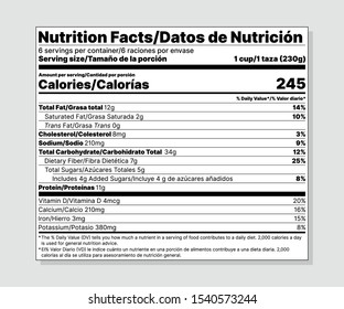 Nutrition Facts Label. Vector. Food Information With Daily Value. Package Template. Data Table Ingredients Calorie, Fat Sugar Cholesterol. Bilingual Label. Illustration Isolated. Layout Design