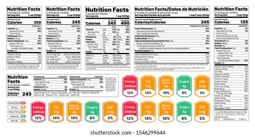 Nutrition facts Label. Vector. Food information with daily value. Data table ingredients calorie, fat, sugar. Package template. Flat illustration isolated on white background. Layout design 