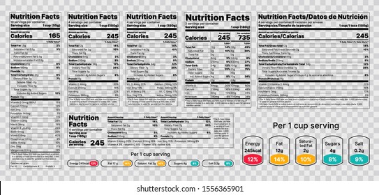Nutrition facts Label. Vector. Food information with daily value. Data table ingredients calorie, fat, sugar. Package template. Flat illustration isolated on transparent background. Layout design 