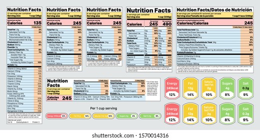 Nutrition facts Label. Vector. Food table information with daily value. Data list ingredients, calorie, fat, sugar. Template packing. Layout color design. Flat illustration isolated on gray background