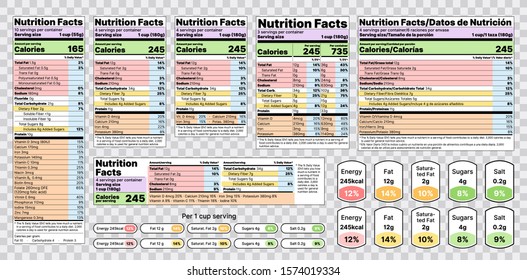 Nutrition facts label. Vector. Food table information with daily value. Data list ingredients, calories, fat, sugar. Template, layout packing American standard. Color design Flat illustration isolated