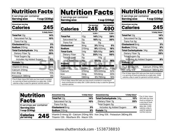 Nutrition facts Label. Vector. Food information\
with daily value. Package template. Data table ingredients calorie,\
fat sugar cholesterol. Flat illustration isolated on white\
background. Layout\
design