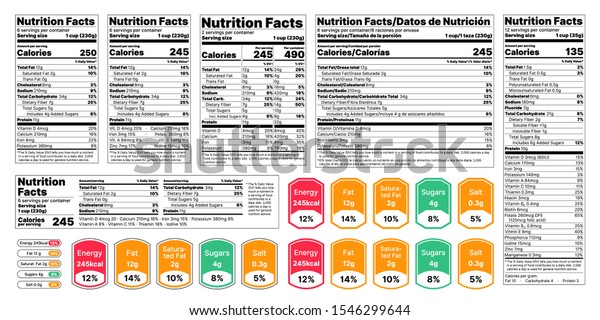 Nutrition facts Label. Vector. Food information with\
daily value. Data table ingredients calorie, fat, sugar. Package\
template. Flat illustration isolated on white background. Layout\
design 