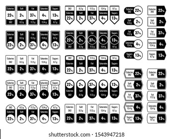 Nutrition Facts Labels. Calories And Ingredient Information, Nutritional Micronutrients Quality Indicators For Diet Calculating Vector Foodstuff Fiber Info Guidance Set