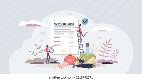 Nutrition facts on product and information about calories or fats tiny person concept. Nutrient guideline and list with protein, carbs or sodium percentage intake per serving vector illustration.