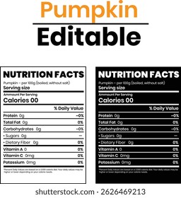 Informações nutricionais da abóbora, nível de nutrição, fatos suplementares, nível de suplemento isolado no fundo branco e preto