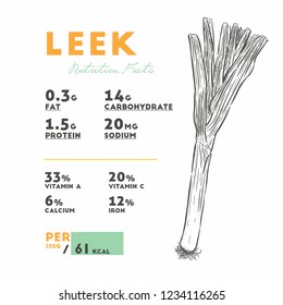 Nutrition facts of raw leek, hand draw sketch vector.