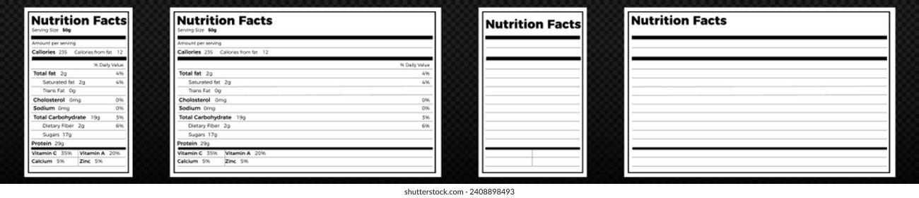 Nutrition facts template. Nutrition food blank label vector