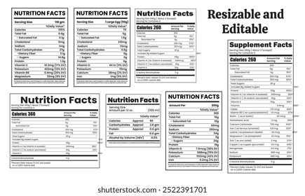 Modelo de fatos nutricionais, Rótulo de fatos nutricionais, Fatos suplementares e fatos vitamínicos design vetorial