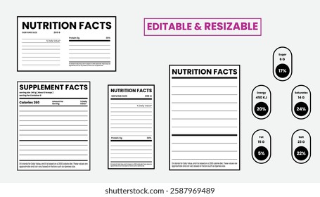 Nutrition facts template, supplement facts template and vitamin facts vector template	