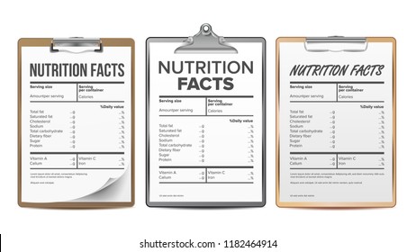 Nutrition Facts Vector. Blank, Template. Diet Calories List. For Box. Food Content. Fat Information. Protein Sport. Grams And Percent. Guideline. Ingredient Calories.  Illustration
