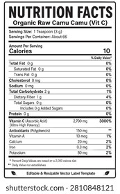 nutrition facts vector label template for organic raw camu camu powder