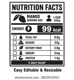 nutrition facts vector label template for mango serving size information