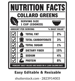 nutrition facts vector label template for collard greens cooked serving size
