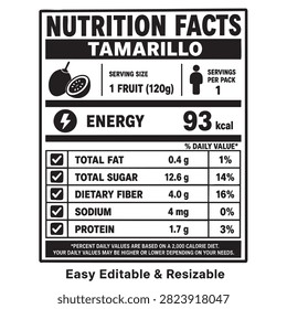 nutrition facts vector label template for tamarillo fruit with detailed dietary informatio