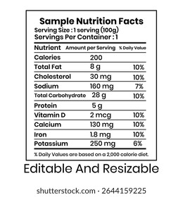 Nutrition Facts, Nutrition Facts Vetor, Painel de Fatos de Nutrição Moderna, rótulo de Fatos de Nutrição,