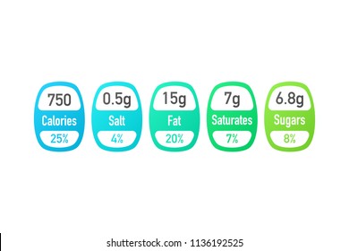 Nutrition facts vector package labels with calories and ingredient information. Illustration of daily nutritional ingredient and calories. Vector stock illustration.