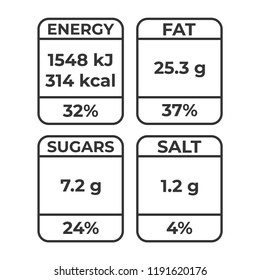 Nutrition facts vector package labels with calories. Healthy food packing nutrition labels 