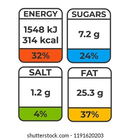 Nutrition facts vector package labels with calories. Healthy food packing nutrition labels 