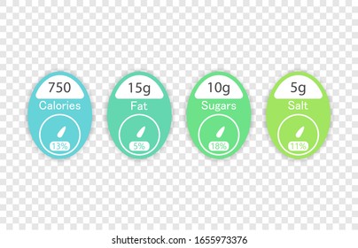Nutrition facts vector package labels with calories and ingredient information. Illustration of nutritional ingredient.