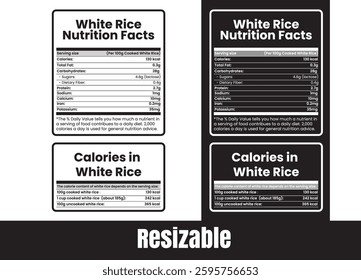 nutrition facts of white rice, white rice nutrition facts and calorie, Nutrition fact label, Editable design.