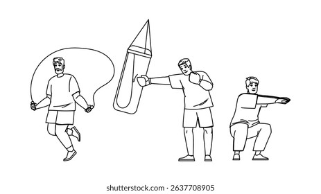 nutrition fat man training vector. cardio gym, health transformation, discipline consistency nutrition fat man training character. people black line pencil drawing illustration