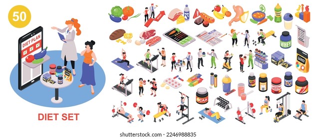 Nutrition and fitness big set with sports symbols isometric isolated vector illustration