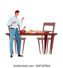 Nutrition flat icon with various products on dinner table and man holding apple vector illustration