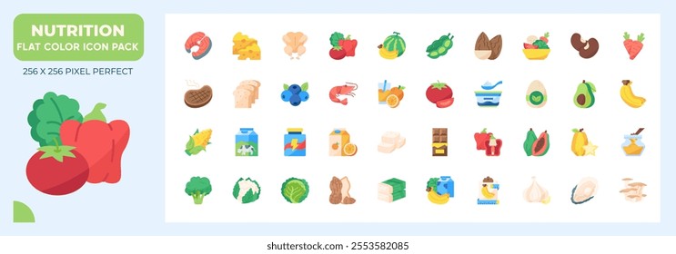 Nutrition Flat Icons Pack, Contain Such as Nutritionist, Vegetables, Steak and More