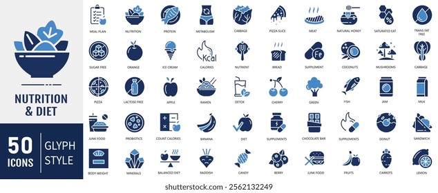 Nutrition Flat Icons set. Containing Icons: types of healthy and unhealthy foods, vitamins and minerals, and more. Vector Illustration. 